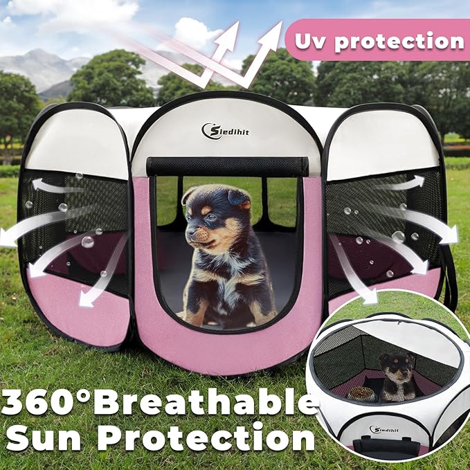 Pink Dog Playpen, Puppy Pet Cat Playpen Indoor for Small Dogs Cats, Dog Tent Crates Cage Indoor/Outdoor, Portable Pop Up Dog Kennel Playpen with Carrying Case for Dogs/Cats/Rabbits, Zipper Top