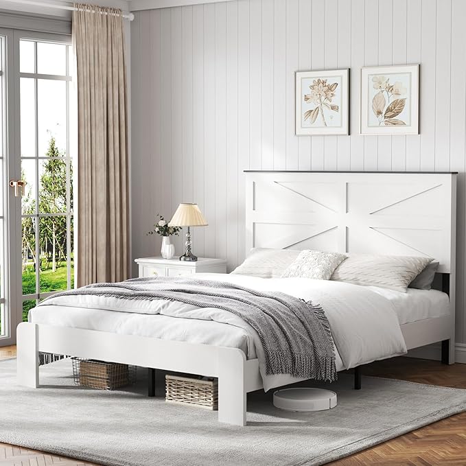 Wooden Bed Frame Queen Size with Headboard, Farmhouse Platform Bedframe with Wood Slat Support, Sturdy Framework Bed Frame, Easy Assembly (Rustic White)