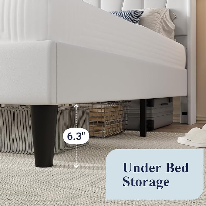 Allewie Queen Size LED Bed Frame with Charging Station, Velvet Upholstered Platform Bed with Geometric Wingback Headboard, Modern Frame with No Box Spring Needed, Easy Assembly, White