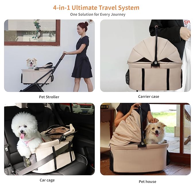 Pet Stroller for Small Dogs & Cats – Gravity Foldable 3 in 1 Dog Stroller with Lightweight Removable Carrier Holds up to 44 lbs & 180° Canopy with Storage Basket