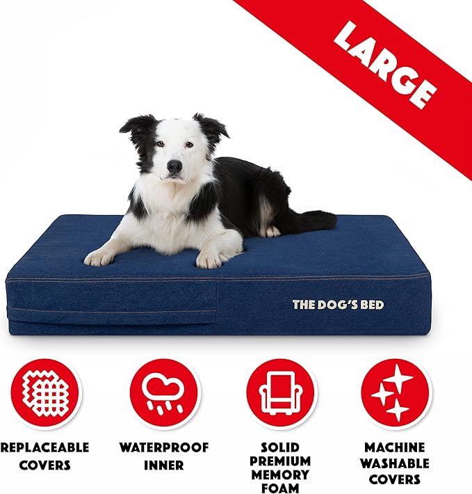 The Dog’s Bed Orthopedic Memory Foam Dog Bed, Large Blue Denim 40x25, Pain Relief for Arthritis, Hip & Elbow Dysplasia, Post Surgery, Lameness, Supportive, Calming, Waterproof Washable Cover