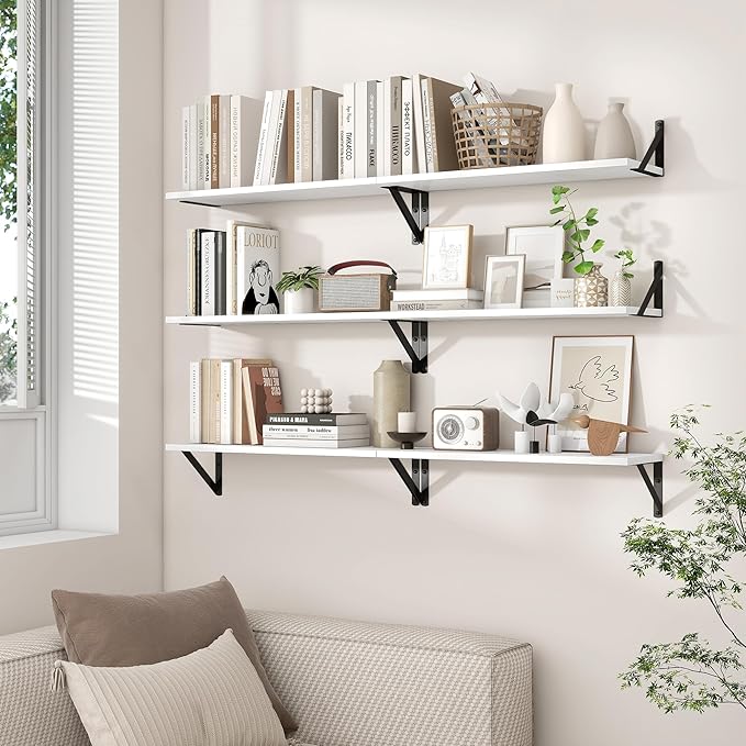 Axeman White Floating Shelves for Wall 48 Inch | 47.3W x 8D Rustic Wood Floating Shelves Set of 2 | 8 Inch Deep Long Wall Shelves for Bathroom Kitchen Living Room | Bookshelf Display Shelves