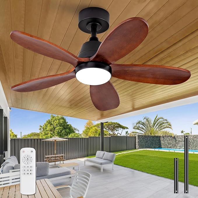 36 Inch Wood Ceiling Fans with Lights and Remote, Modern Ceiling Fan with Light, 5 Blades, Dimmable, Wall Switch, Reversible DC Motor, Memory Function, Indoor Outdoor for Bedroom Patio