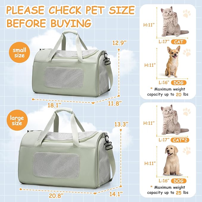 Extra-Large Cat Carrier Soft Sided Flight Approved, Mesh Pet Carrier for Travel Outdoors with Shoulder Straps, Cat Carriers for Cats/Puppy/Dogs Up to 30Lbs, Green