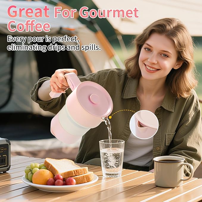 Travel Electric Kettle-Collapsible Portable Electric Kettle, 600W Foldable Small Water Boiler with 4-Temp Presets, Food Grade Silicone for Hotel, Office, Camping (Pink, 600mL)