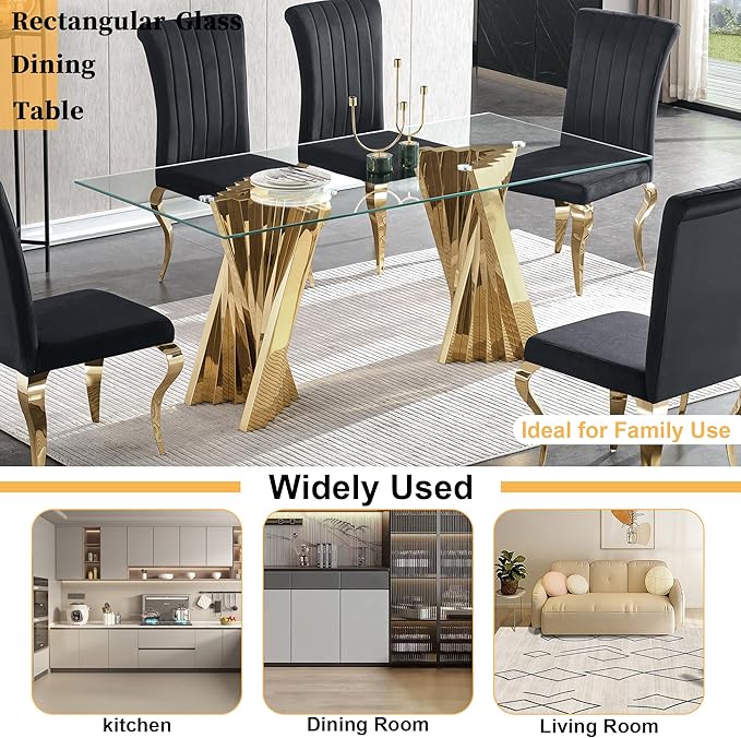 70" Modern Glass Dining Table for 6-8, Luxury Gold Glass Dining Room Table with Mirrored Flash-Shape Stainless Steel Base, Rectangle Kitchen Dinner Tables for Dining Room Kitchen