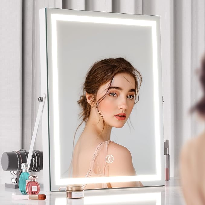 Hasipu Vanity Mirror with Lights and Bluetooth Speaker, 10.6" x 13.8" LED Makeup Mirror with 10X Magnification, Smart Touch 3 Colors Dimmable, Brightness Adjustment, 360ยฐ Rotation, White