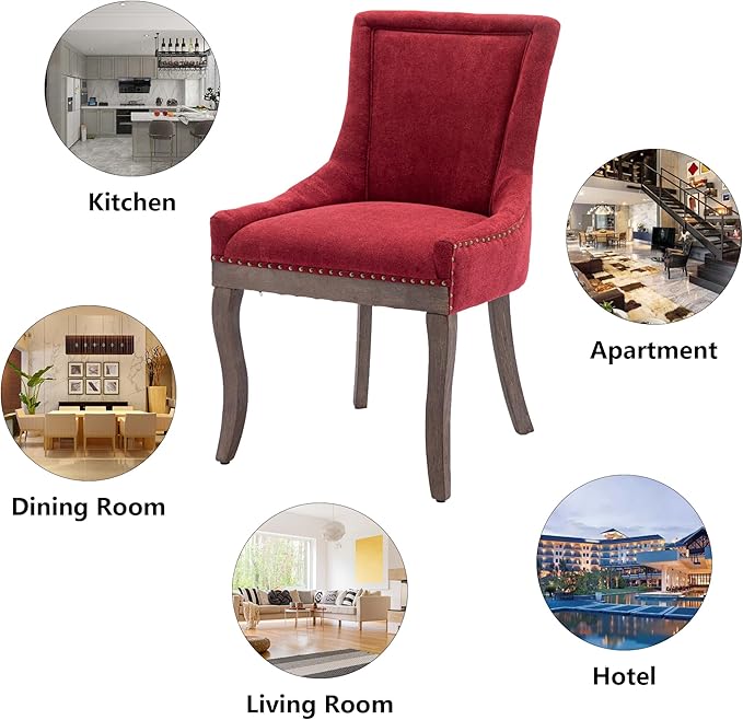 Farmhouse Dining Chairs Set of 2, Upholstered Fabric Dining Room Accent Chairs with Wood Legs & Bronze Nailhead, High Wingback Kitchen Chairs for Living Room Hotel Apartment, Burgundy