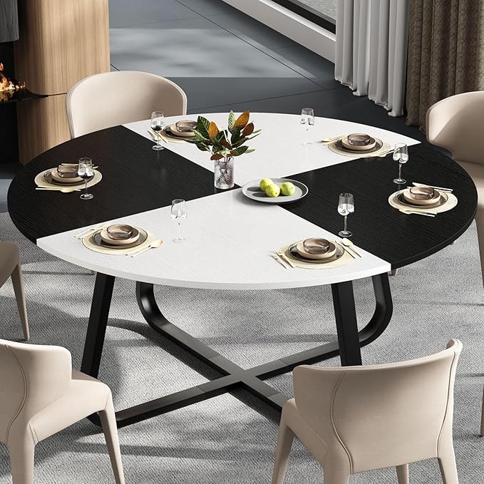 LVB Round Dining Table, Modern Wood Metal Kitchen Table, Industrial Small Dinner Room Table for 4 to 6 People, White and Black Oak, 42 Inch