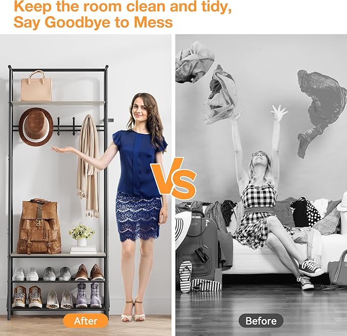 MDF Hall Tree with Bench, 4-in-1 Entryway Coat Rack with Storage Shelf & Shoe Organizer, Sturdy Freestanding Furniture for Living Room, Bedroom, Mudroom