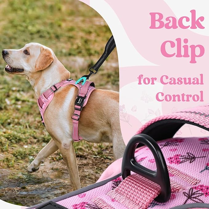 rabbitgoo Dog Harness for Large, No Pull Pet Harness with 3 Buckles, Adjustable Soft Padded Vest with Control Handle, Walking Reflective Pet Vest for Extra Large Dogs, Floral Pink, XL