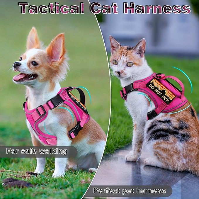 Tactical Cat Harness for Walking, Adjustable Escape Proof Pet Vest for Large Cat,Easy Control Breathable Cat Vest with Handle,Molle Patches (Pink+Leash, L)