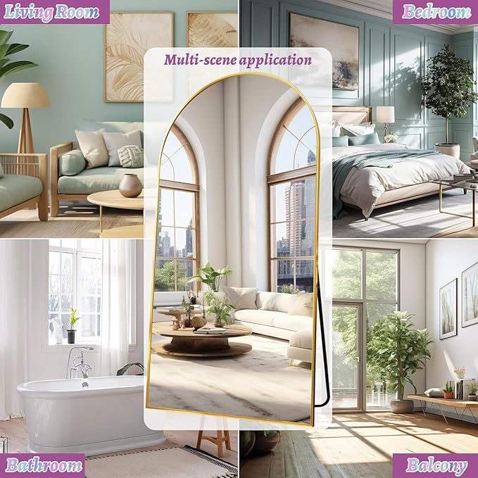 Full Length Mirror, 41"x81" Arched Floor Mirror Freestanding, Floor Standing Full Body Mirror with Stand for Bedroom, Hanging Mounted for Living Room Cloakroom, Gold