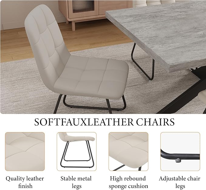 ZckyCine 6-8 Person Modern Rectangular Dining Table Set with 6 Chairs, Expandable Kitchen Table (51 to 63 Inches), Space-Saving Design, Metal Frame, Gray Tabletop & White PU Leather Chairs