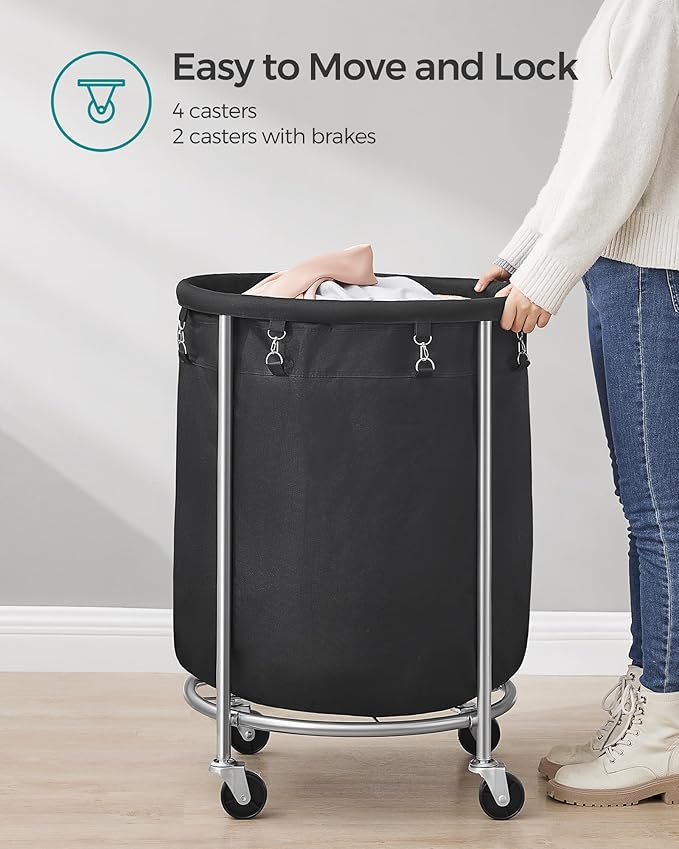 SONGMICS 50.2-Gallon (190 L) Laundry Basket with Wheels, Rolling Round Heavy-Duty Laundry Hamper Cart with Steel Frame and Removable Bag, 2 Locking Wheels, Ink Black and Metallic Silver URLS001B01