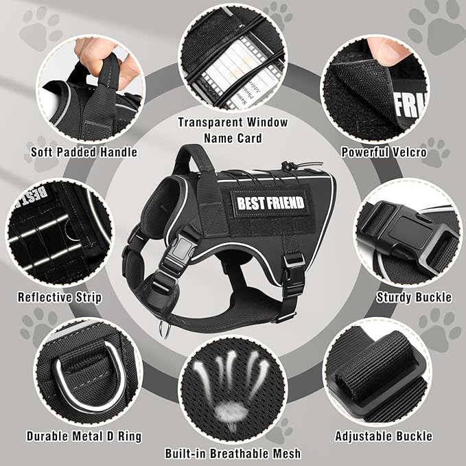 Tactical Dog Harness for Large Dogs,No Pull Military Dog Vest with Handle,Reflective Heavy Duty Pet Harness for K9 Working Walking Hiking Training Black XL