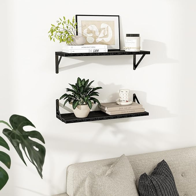 Dreamland Wall Shelves Long, 24W x 8D Wall Mounted Shelves Set of 2, Wide Display Ledge Shelf with Sturdy Metal Brackets for Living Room, Bathroom, Bedroom and Kitchen, Black