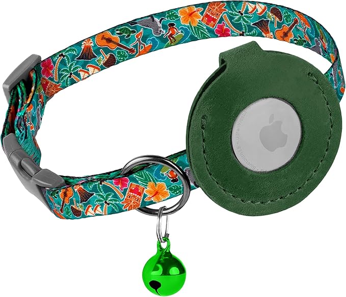 Airtag Cat Collar with Bell - Non Breakaway Soft Pet Collar with Leather Air Tag Holder - Adjustable GPS Anti-Lost Collars for Girl Boy Cats Kitten Puppies, Lightweight and Patterned (Hawaii)