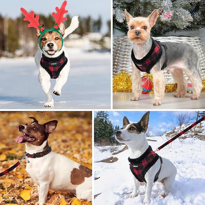 SCENEREAL Small Dog Harness Collar and Leash Set, Warm Fleece No Pull Puppy Vest Harness, Christmas Dog Outfit No Chock Adjustible Step in Pet Halter for Outdoor Walking Training, Red Plaid S