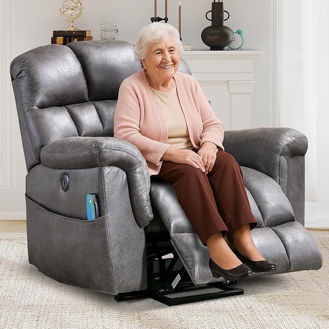 Large Power Lift Recliner Set of 2 with Massage and Heat for Elderly, Faux Leather Electric Lifting Recliners with USB Port, Oversized Reclining Sofa Chair for Living Room, Grey
