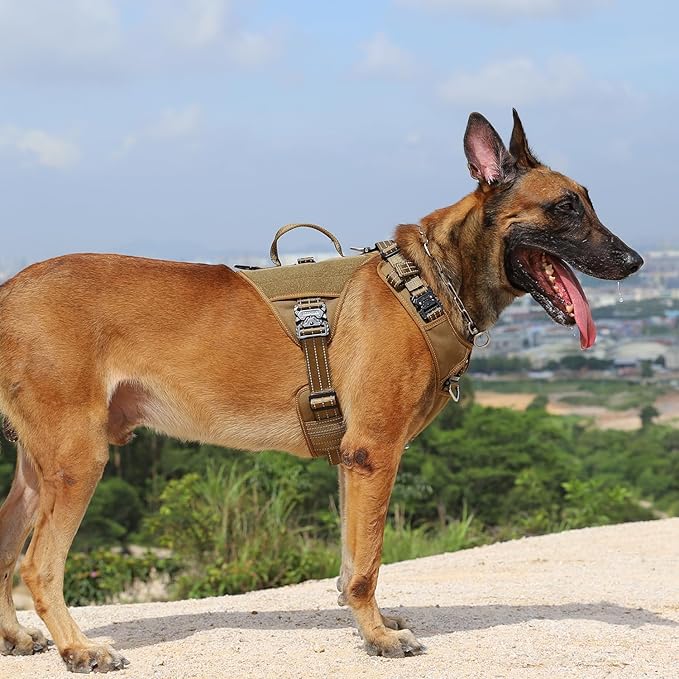 ICEFANG GN8 Tactical Dog Harness with 4X Metal Buckles for Large Sized Dogs,Reflective in Training Walking K9 Vest,No-Pull Front Leash Clip,Adjustable Pet Harness (Brown, Large (Pack of 1))