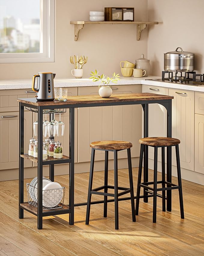3-Piece Bar Table Set for 2, Bar Height Table with Stools & 2 Storage Shelves, Small Bar Table Set with Glass Rack, Small Kitchen Table for Dining Room, Living Room, Rustic Brown
