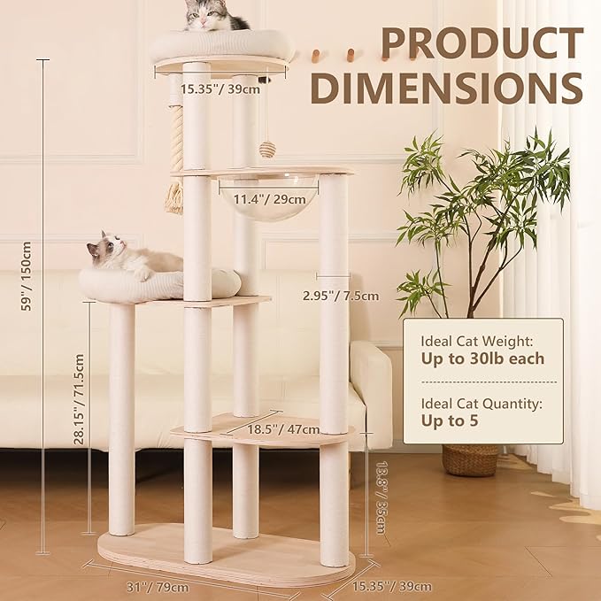59" Modern Cat Tree Multi-Level Large Cat Tower Heavy Duty Cat Tree with Hammock,Cotton Scratching Post and Washable Cushions