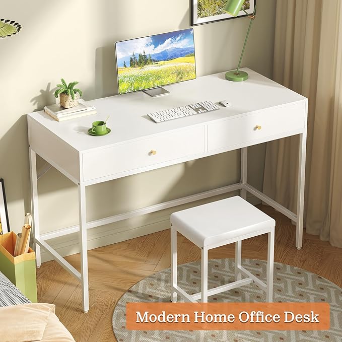 SUPERJARE 43-inch White Desk with 2 Drawers and Padded Stool, Modern Makeup Vanity & Computer Desk with Storage for Home Office, Bedroom Study