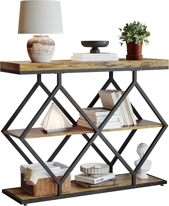 Garvee 3-Tier Entryway Table, Industrial Console Sofa Table with Storage, Accent Tables with Open Shelves, Diamond-Shaped Metal Frame, Foyer Tables for Entryway, Hallway, Rustic Brown