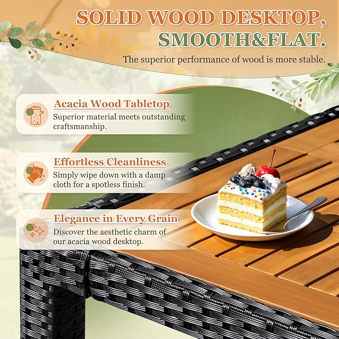 Greesum 7 Pieces Outdoor Patio Dining Set, Conversation Sets with 1 Table and 6 Rattan Chairs with Curved Acacia Wooden Armrests and Cushions, Black