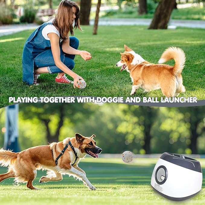 Automatic Dog Ball Launcher, Upgraded Interactive Dog Balls Thrower with 3 Distance 29Ft-79Ft, Remote Control Ball Launcher for Medium&Large Dogs, 5 Etpu Balls Included (Silver Grey