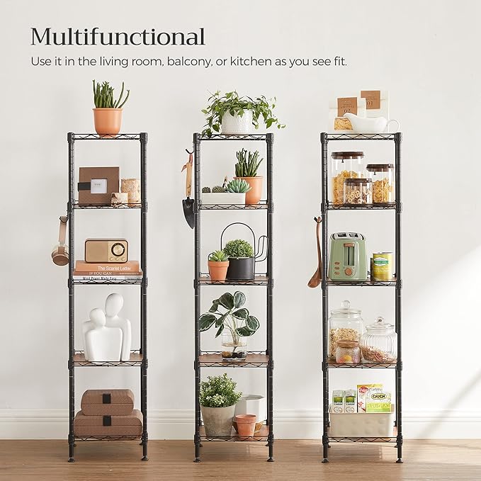 SONGMICS 5-Tier Bathroom Shelf, Storage Rack for Small Space, with 5 PP Shelf Liners, Removable Hook, Extendable Design, Ink Black and Rustic Brown ULGR023B02