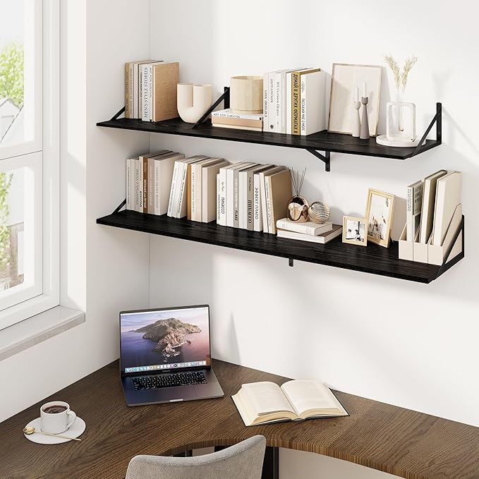 Fun Memories Floating Shelves for Wall, 12 Inch Deep Floating Shelves Set of 2, 16W x 12D Large Wall Shelf with Sturdy Metal Brackets for Living Room, Bathroom, Bedroom and Kitchen, Black