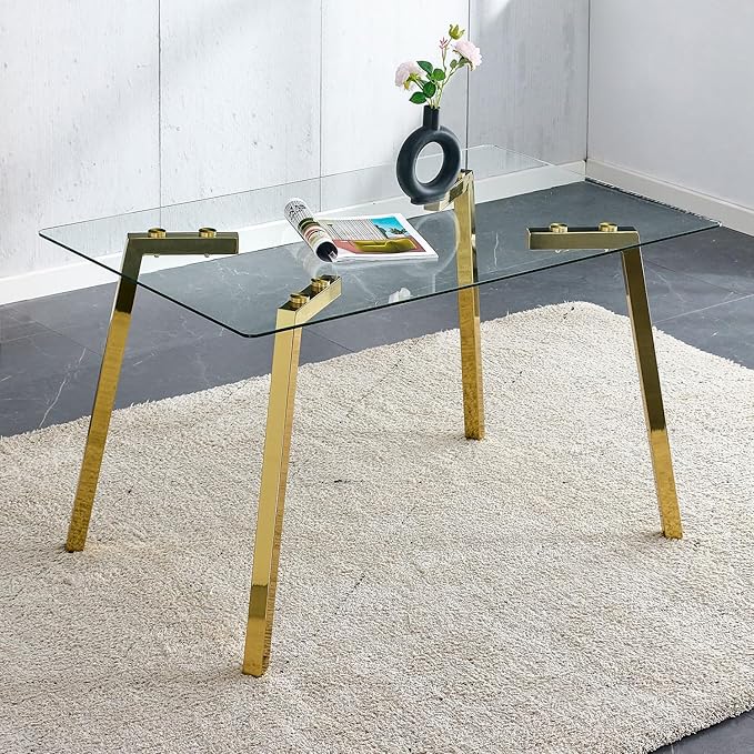 Dining Table Set of 4,51" Rectangle Tempered Glass Table Top with Golden Metal Legs,Kitchen Room Table with 4 White Faux Leather Dining Chairs,Dinner Table for Dining Room Office