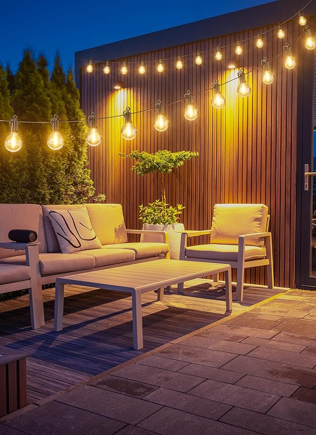 Outdoor String Lights 25 Feet G40 LED Patio Lights, Plug-in, 13 Plastic Edison Bulbs(1 Spare), Waterproof Connectable Hanging Light for Backyard Porch Balcony Party Decor, E12 Base, Black