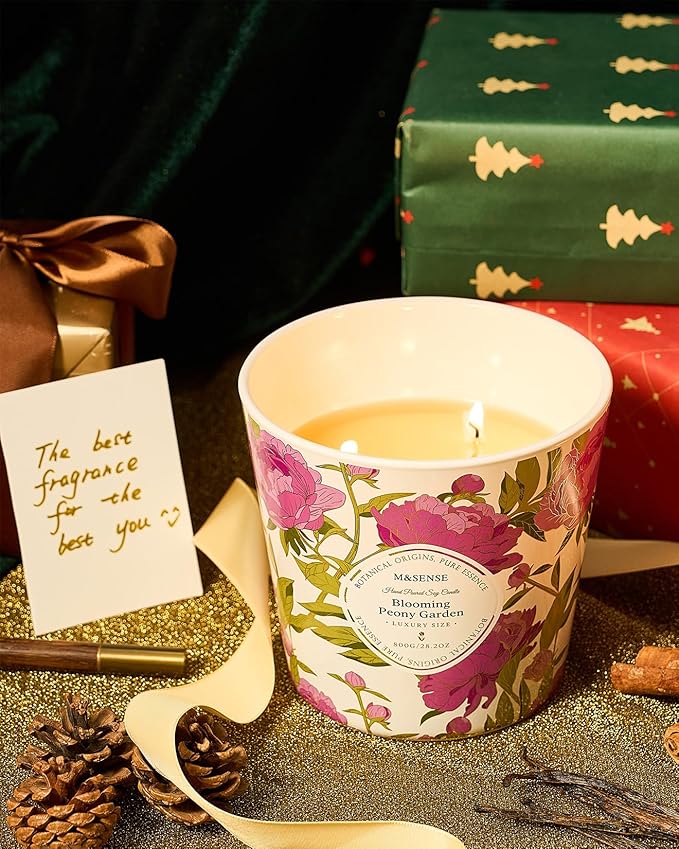 M&SENSE Blooming Peony Scented Candle, 28.2oz 3 Wick Natural Soy Wax Large Candles, Long Lasting Clean Slow Burning No Toxic Décor for Home Relaxation, Romantic Dates & Gift-Giving