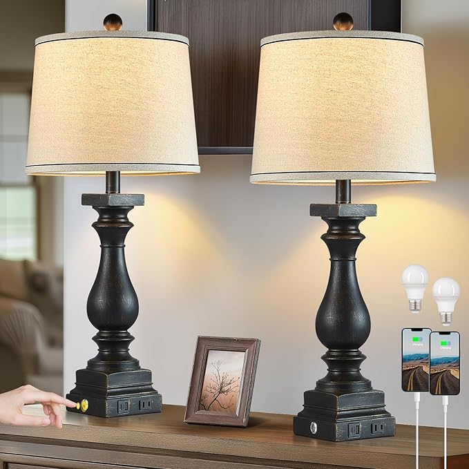 28" Tall Farmhouse Table Lamps Set of 2 with USB C+A Ports and AC Outlet, 3 Way Touch Control Rustic Bedside Lamp for Bedroom, Black Vintage Nightstand Lamp for Living Room Office