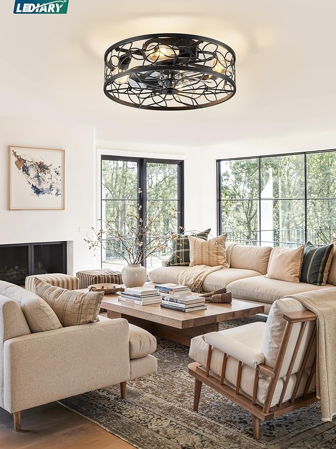 LEDIARY Caged Ceiling Fans with Lights, Black Flush Mount Ceiling Fan with Remote, Small Low Profile Bladeless Ceiling Fan Light Fixture for Bedroom, Kitchen, Dining Room.