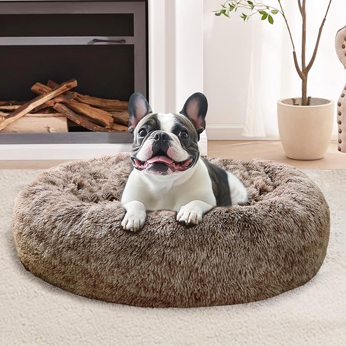 JOLLYVOGUE Calming Dog & Cat Bed for Small Dogs, Anti-Anxiety Donut Cuddler Cozy Soft Round Bed with Anti-Slip Bottom, Fluffy Faux Fur Plush Cushion Beds for Small Medium Dogs, 23"/Smoke Brown