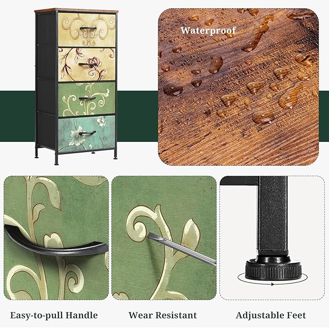 Nightstand, 4 Drawer Dresser End Table Bedside Furniture with Wooden Top Steel Frame Fabric Bins for Bedroom, Closet, Entryway, Dorm, Living Room, Floral Painted