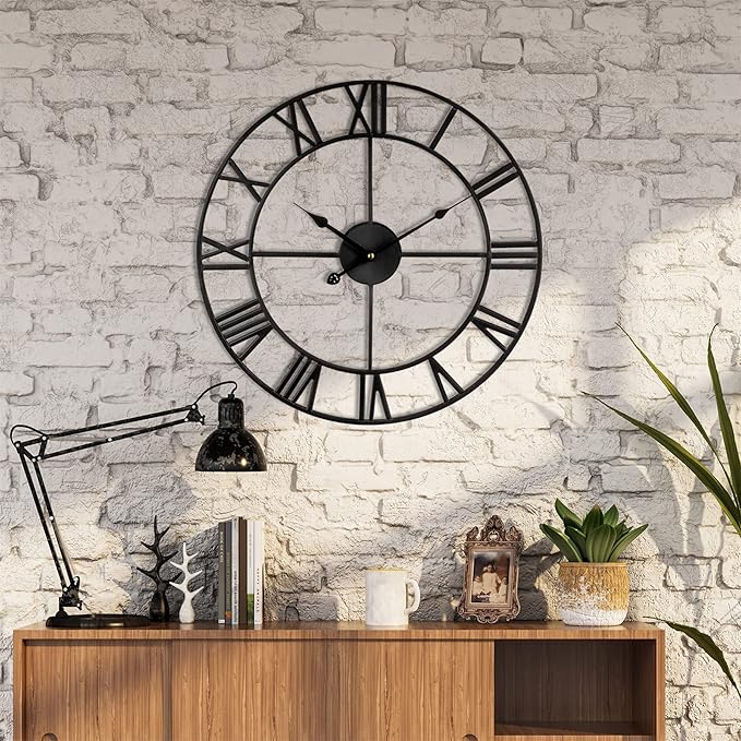 1st owned Large Wall Clock Metal Retro Roman Numeral Clock, Modern Round Wall Clocks Almost Silent, Easy to Read for Living Room/Home/Kitchen/Bedroom/Office/School Decor (Black, 24 Inch)