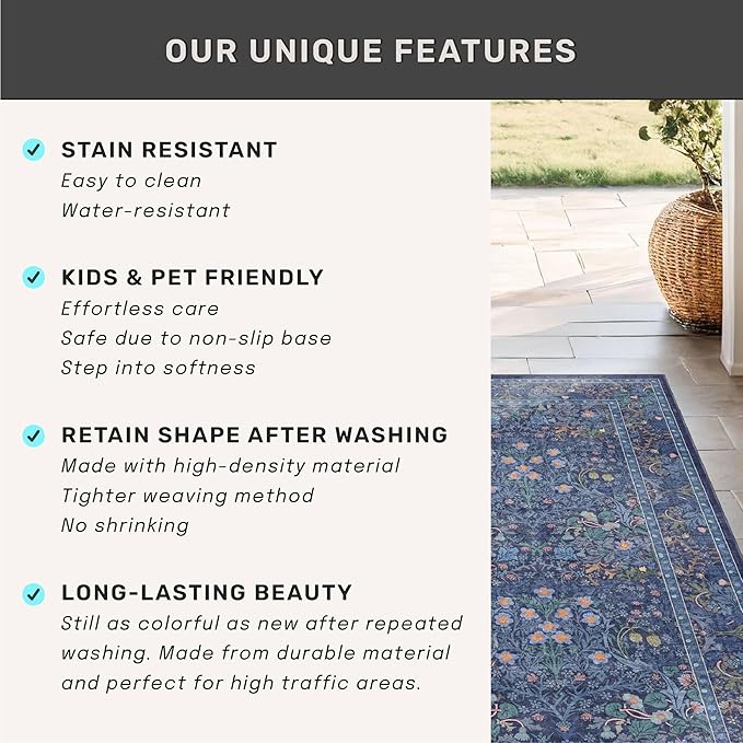 Vintage Dark Blue 4x6 Area Rugs for Large Entryway, Bedroom Beside Rug, Kitchen, Mudroom, Non-Slip Low Pile Ultra Soft Stain Resistant Small Floral Carpet