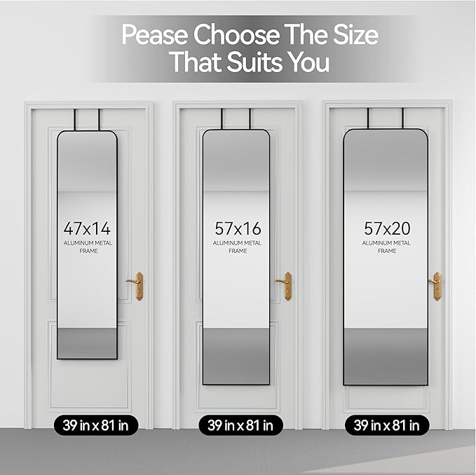 57x20 Door Hanging Full Length Mirror, Floor (Height 5.7ft just Body in 1.3ft) or Wall Mounted Metal Frame Rectangle Dressing Mirrors for Bedroom Bathroom Living Room 57 inch Black