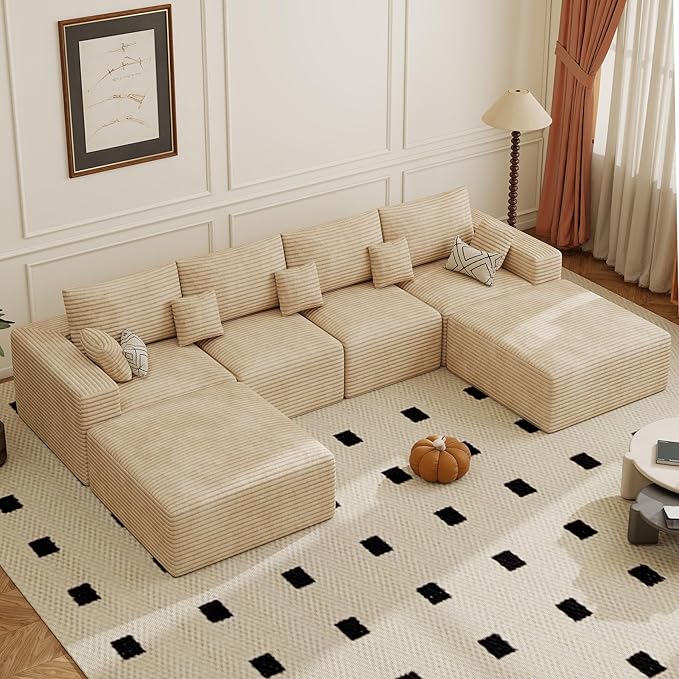 146" Modular Sectional Sofa, Convertible U-Shaped Cloud Couches for Living Room with Ottoman, 6 Seater Corduroy Boneless Couch Sofa Set, No Assembly Required, Khaki 1 PCS