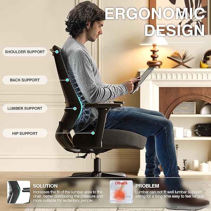 ELABEST T96C Ergonomic Home Office Chair, Mesh Computer Desk Chair with 4D Armrests, Adjustable Lumbar Support,Rolling Swivel Task Chair for Long Hours, Sponge Cushion
