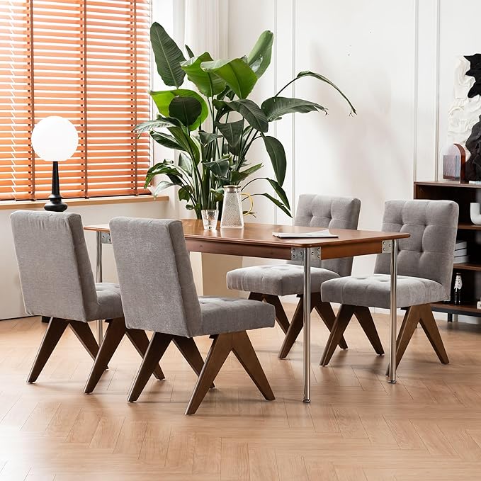 Rowill Modern Upholstered Dining Chairs Parsons Chair Linen Fabric Kitchen Chairs Tufted Armless Dining Room Chairs with Wood Legs Set of 4, Light Grey