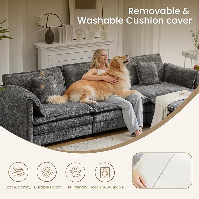 112" Modular Sectional Sofa with Movable Ottoman, L Shaped Couches for Living Room, 3 Seater Comfy Cloud Couch with Removable Cover, Armrest Pillow (Grey)