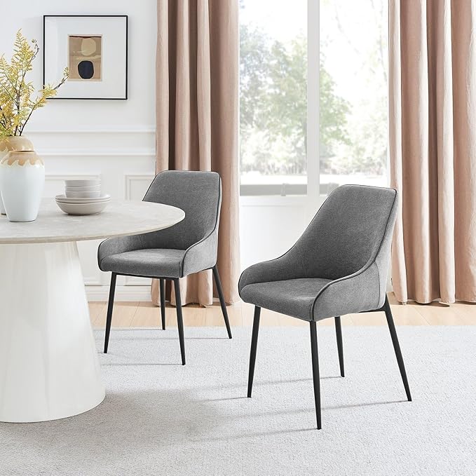 Furniturebox UK Dining Chairs - 2X Beaumont Grey Fabric Black Leg Chairs - Pair of Dining Chairs - Upholstered Polyester Chair - Modern Dining Room Furniture - Contrasting Black Piping