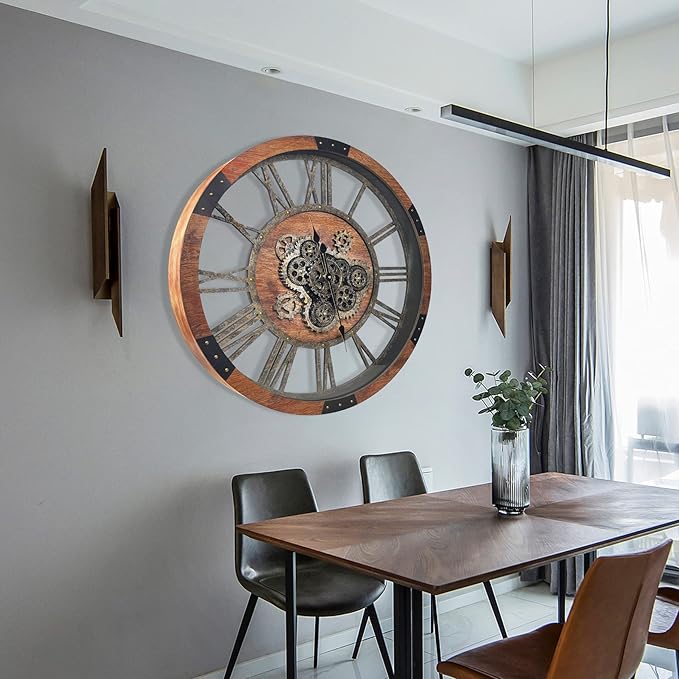 DORBOKER 30" Large Wall Clock Moving Gears,Oversized Industrial Rustic Farmhouse Clocks for Living Room Decor Office Home, Solid Wood Retro Metal HD Tempered Glass Cover, Brown and Vintage Bronze