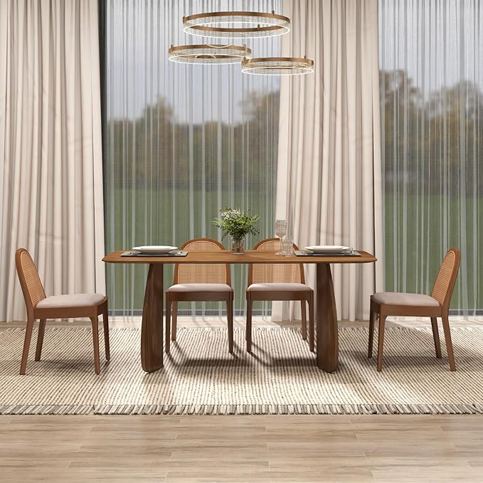 LukeAlon Modern Linen Dining Chairs Set of 8, Natural Woven Rattan Cane Back Side Chairs with Solid Wood Legs Mid Century Dinner Chairs for Kitchen Living Room, Beige